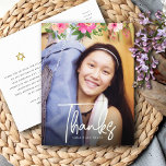 Bat Mitzvah Photo Floral Script Custom Thank You Postcard<br><div class="desc">Make sure your favourite Bat Mitzvah shows her appreciation to all who supported her milestone event! Send out this sophisticated, personalized thank you postcard! A chic, stunning, pink and peach floral watercolor with white script typography and modern sans serif type overlay the photo of your choice. A gold Star of...</div>