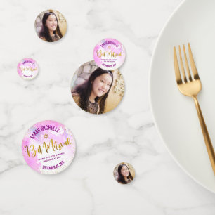 Bat Mitzvah Photo Gold Foil Script Pink Watercolor Confetti