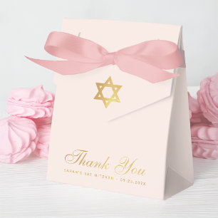 Bat Mitzvah Pink Faux Gold Star of David Thank You Favor Box