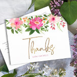 Bat Mitzvah Pink Floral Gold Script Thank You Postcard<br><div class="desc">Make sure your favourite Bat Mitzvah shows her appreciation to all who supported her milestone event! Send out this sophisticated, personalized thank you postcard! A chic, stunning, pink and peach floral watercolor with faux gold foil script typography and modern dusty rose sans serif type overlay a white background. A gold...</div>