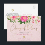 Bat Mitzvah Pink Floral Watercolor Modern Script Invitation Postcard<br><div class="desc">Make sure all your friends and relatives will still be able to celebrate your daughter’s milestone Bat Mitzvah, regardless of current global unforeseen circumstances. Send out this chic, personalized “Change of Plans” announcement postcard. A stunning, pink and peach floral watercolor with faux gold foil script typography and modern dusty rose...</div>
