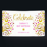 Bat Mitzvah Pink Gold Foil Script Tree of Life Banner<br><div class="desc">Be proud, rejoice and showcase this milestone of your favourite Bat Mitzvah! Hang up this stunning, modern, stylish, personalized banner to add to her special day. Sparkly, gold, faux foil calligraphy script, hot pink typography, and two abstract, graphic faux gold foil trees with sparkly pink, orange, and red Star of...</div>