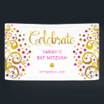 Bat Mitzvah Pink Gold Foil Script Tree of Life Banner<br><div class="desc">Be proud, rejoice and showcase this milestone of your favourite Bat Mitzvah! Hang up this stunning, modern, stylish, personalized banner to add to her special day. Sparkly, gold, faux foil calligraphy script, hot pink typography, and two abstract, graphic faux gold foil trees with sparkly pink, orange, and red Star of...</div>