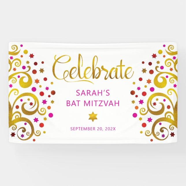 Bat Mitzvah Pink Gold Foil Script Tree of Life Banner (Horizontal)