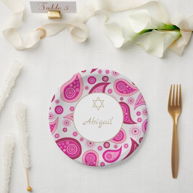 Bat Mitzvah Pink Gold Pattern Modern  Paper Plate (Wedding)