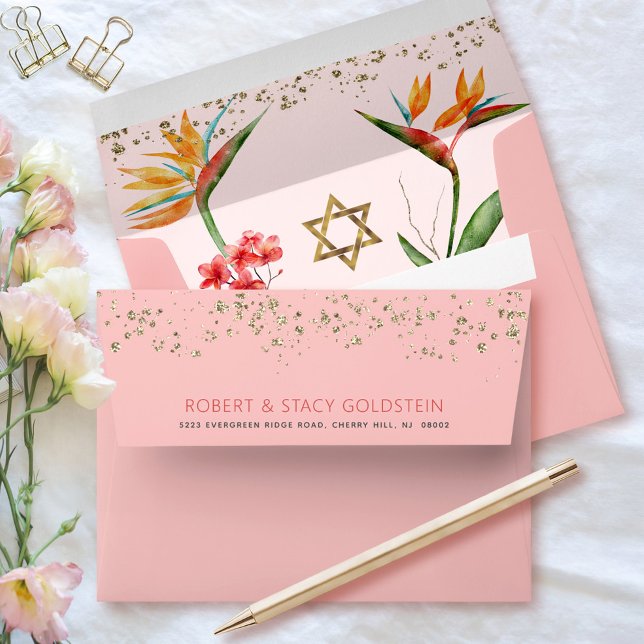 Bat Mitzvah Pink Gold Tropical Floral Watercolor Envelope (Creator Uploaded)