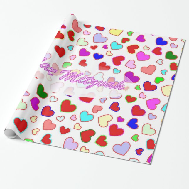 Bat Mitzvah Pink Multi Hearts Wrapping Paper (Unrolled)
