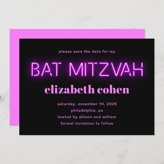 Bat Mitzvah Pink Neon Lights QR Code Save The Date Invitation (Front/Back)