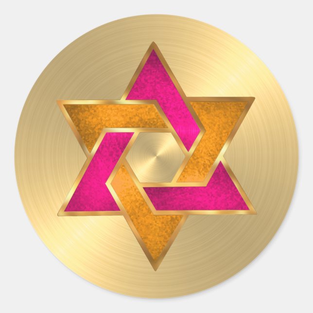 Bat Mitzvah Pink Orange Star of David Gold Classic Round Sticker (Front)