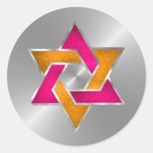 Bat Mitzvah Pink Orange Star of David on Any Colou Classic Round Sticker