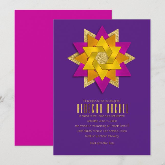 Bat Mitzvah Pink Orange Yellow Star Flower Purple Invitation (Front/Back)