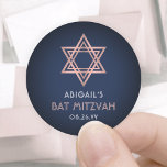 Bat Mitzvah Pink Rose Gold Navy Blue Star of David Classic Round Sticker<br><div class="desc">Add a personalized finishing touch to bat mitzvah thank you notes or favours with these elegant navy blue, white and pink round stickers / envelope seals. All text is simple to customize or delete. Design features a simple modern navy blue background, rose gold faux metallic foil Star of David, and...</div>