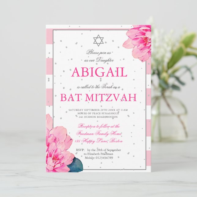 Bat Mitzvah Pink Roses Hebrew Silver Invitation (Standing Front)