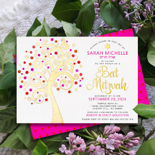 Bat Mitzvah Pink Tree of Life Script Real Gold