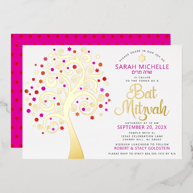 Bat Mitzvah Pink Tree of Life Script Real Gold (Front/Back)
