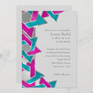 Bat Mitzvah Pink Turquoise Star of David Any Colou Invitation
