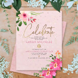 Bat Mitzvah Pink Watercolor Floral Modern Script Enclosure Card<br><div class="desc">Be proud, rejoice and showcase this milestone of your favourite Bat Mitzvah! Include this modern, sparkly, personalized insert for additional information to your event. A stunning, pink and peach floral watercolor with faux gold foil script typography and modern dusty rose and grey sans serif type overlay a soft pink &...</div>