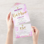 Bat Mitzvah Pink Watercolor Gold Script Chic Party All In One Invitation<br><div class="desc">Be proud, rejoice and showcase this milestone of your favourite Bat Mitzvah! Send out this stunning, modern, custom all-in-one invitation for an event to remember. Sparkly gold faux foil, glitter dots and typography script overlay a light pink watercolor background. This all-in-one product is an unique combination of a custom invitation,...</div>