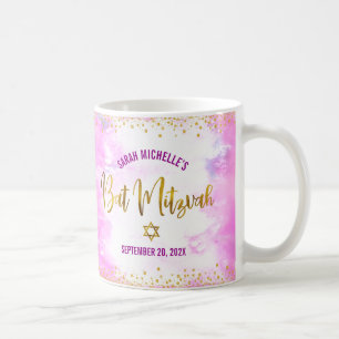 Bat Mitzvah Pink Watercolor Gold Script Confetti Coffee Mug