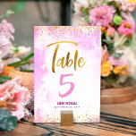Bat Mitzvah Pink Watercolor Gold Script Glitter Table Number<br><div class="desc">No Bat Mitzvah party is complete without personalized table number cards. Let your favourite Bat Mitzvah be proud, rejoice and celebrate her milestone at her perfectly coordinated party. Stunning, modern, sparkly gold faux foil handwritten script and tiny dots overlay a light pink watercolor background. Personalize the custom text with the...</div>