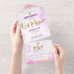 Bat Mitzvah pink watercolor gold script modern All In One Invitation<br><div class="desc">Be proud, rejoice and showcase this milestone of your favourite Bat Mitzvah! Send out this stunning, modern, custom all-in-one invitation for an event to remember. Sparkly gold faux foil, glitter dots and typography script overlay a light pink watercolor background. This all-in-one product is an unique combination of a custom invitation...</div>