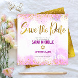 Bat Mitzvah Pink Watercolor Gold Script Square Save The Date<br><div class="desc">Make sure all your friends and relatives will be able to celebrate your daughter’s milestone Bat Mitzvah! Send out this stunning, modern, sparkly gold faux foil and glitter dots and typography script against a soft pink watercolor background, personalized “Save the Date” announcement card. Faux gold foil with a white Star...</div>