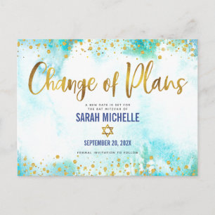 Bat Mitzvah Postponed Gold Glitter Blue Watercolor Invitation Postcard
