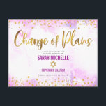 Bat Mitzvah Postponed Gold Glitter Pink Watercolor Invitation Postcard<br><div class="desc">Make sure all your friends and relatives will still be able to celebrate your daughter’s milestone Bat Mitzvah, regardless of current global unforeseen circumstances. Send out this stunning, modern, sparkly gold faux foil and glitter dots and typography script against soft pink watercolor background, personalized “Change of Plans” announcement postcard. Personalize...</div>