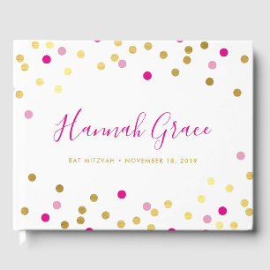 BAT MITZVAH pretty glam confetti spot gold pink Guest Book