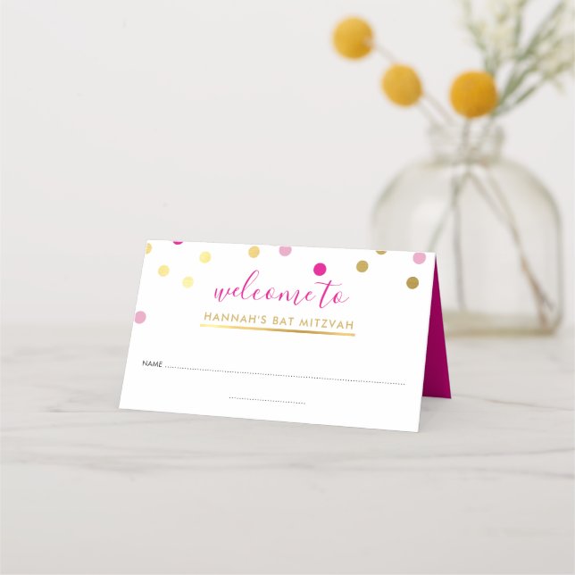 BAT MITZVAH pretty glam confetti spot gold pink Place Card (Front)