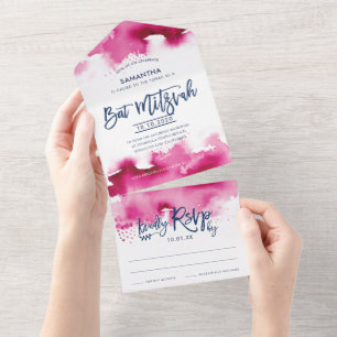 BAT MITZVAH pretty hand lettered pink watercolor All In One Invitation