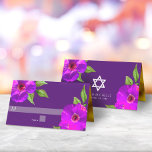 Bat Mitzvah Purple Bold Modern Floral Watercolor  Place Card<br><div class="desc">No Bat Mitzvah party is complete without personalized place cards. Let your favourite Bat Mitzvah be proud, rejoice and celebrate her milestone at her perfectly coordinated party. This sophisticated, chic, stunning, purple pink floral watercolor with modern san serif type overlays a dark plum purple background. Faux gold foil lines the...</div>