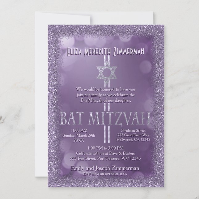 Bat Mitzvah | Purple Glitter Look Invitation (Front)