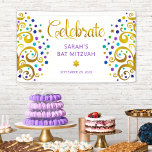 Bat Mitzvah Purple Gold Foil Script Tree of Life Banner<br><div class="desc">Be proud, rejoice and showcase this milestone of your favourite Bat Mitzvah! Hang up this stunning, modern, stylish, personalized banner to add to her special day. Sparkly, gold, faux foil calligraphy script, purple typography, and two abstract, graphic faux gold foil trees with sparkly purple, turquoise, blue, and green Star of...</div>