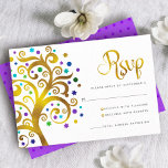 Bat Mitzvah Purple Gold Foil Tree of Life Modern RSVP Card<br><div class="desc">Be proud, rejoice and showcase this milestone of your favourite Bat Mitzvah! Include this graphic faux gold foil tree with sparkly turquoise, teal, purple and blue Star of David and dot “leaves” on a white background, personalized RSVP insert card for your event. A tiny, dark purple Star of David pattern...</div>
