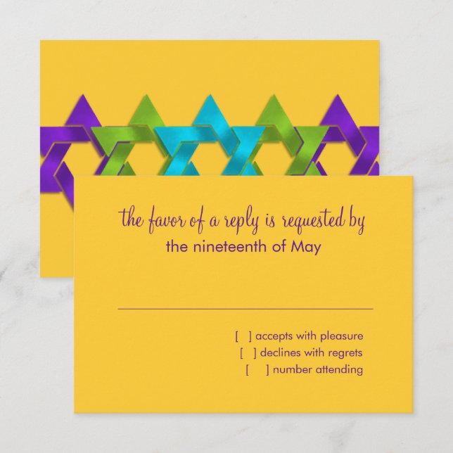 Bat Mitzvah Purple Green Blue Stars on Any Colour RSVP Card (Front/Back)