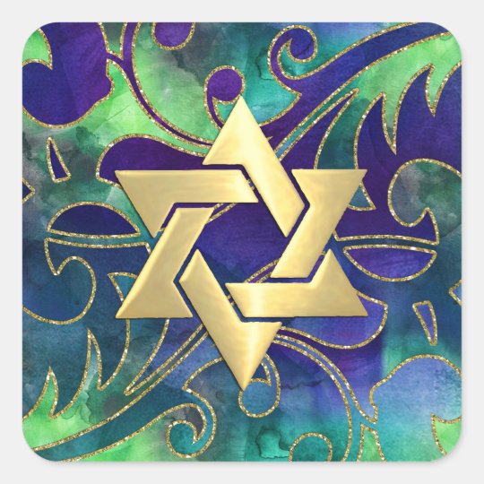 Bat Mitzvah Purple Green Watercolor Gold Accents Square Sticker