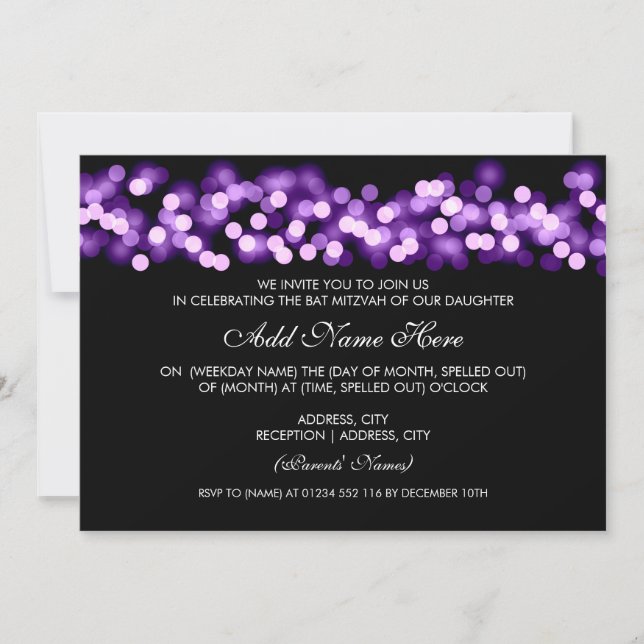 Bat Mitzvah Purple Hollywood Glam Invitation (Front)