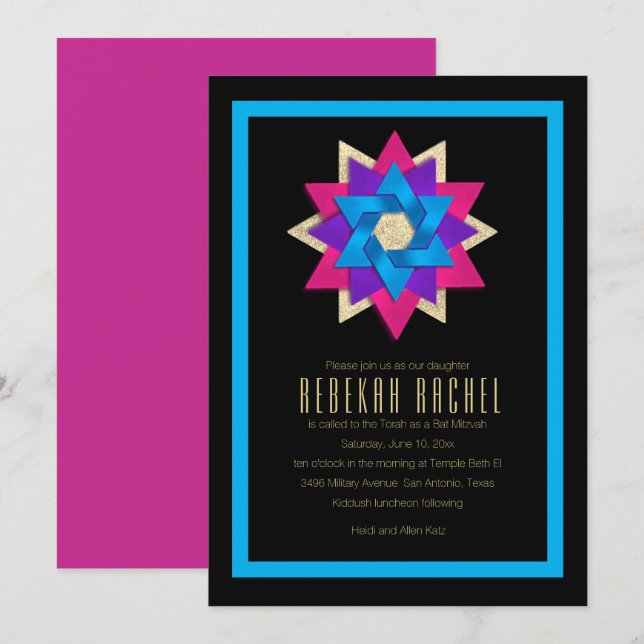 Bat Mitzvah Purple Pink Blue Star Flower Invitation (Front/Back)