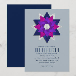 Bat Mitzvah Purple Pink Navy Star Flower Invitation