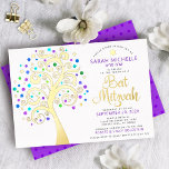 Bat Mitzvah Purple Tree of Life Script Real Gold<br><div class="desc">Be proud, rejoice and showcase this milestone of your favourite Bat Mitzvah! This graphic real gold foil tree with sparkly turquoise, teal, purple and blue Star of David and dot “leaves” on a white background is the perfect invitation for this special occasion. A tiny, dark purple Star of David pattern...</div>