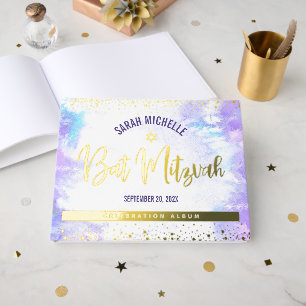 Bat Mitzvah Purple Watercolor Girly Real Gold Foil Guest Book
