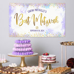 Bat Mitzvah purple watercolor gold foil script Banner<br><div class="desc">Be proud, rejoice and showcase this milestone of your favourite Bat Mitzvah! Hang up this stunning, modern, stylish, personalized banner to add to her special day. Sparkly, gold faux foil calligraphy script and glitter dots overlay a soft purple watercolor background. Personalize the custom text with your Bat Mitzvah’s name and...</div>