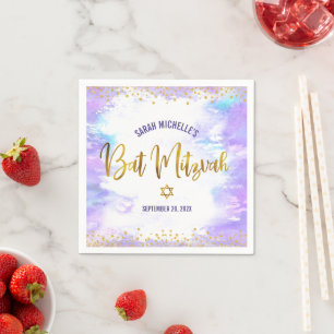 Bat Mitzvah Purple Watercolor Gold Script Confetti Napkin