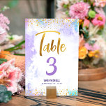 Bat Mitzvah Purple Watercolor Gold Script Glitter Table Number<br><div class="desc">No Bat Mitzvah party is complete without personalized table number cards. Let your favourite Bat Mitzvah be proud, rejoice and celebrate her milestone at her perfectly coordinated party. Stunning, modern, sparkly gold faux foil handwritten script and tiny dots overlay a light purple watercolor background. Personalize the custom text with the...</div>