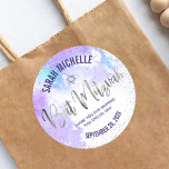 Bat Mitzvah Purple Watercolor Silver Foil Script Classic Round Sticker<br><div class="desc">Be proud, rejoice and celebrate this milestone of your favourite Bat Mitzvah! Use this stunning, modern, sparkly silver faux foil handwritten script, Star of David and tiny dots against a light purple watercolor background sticker to add to her special day. Personalize the custom text with her name and date of...</div>
