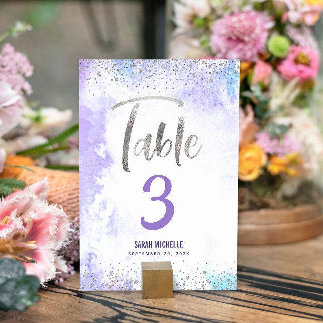 Bat Mitzvah Purple Watercolor Silver Glitter Girly Table Number (Creator Uploaded)
