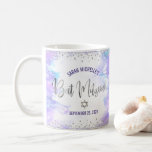 Bat Mitzvah Purple Watercolor Silver Script Modern Coffee Mug<br><div class="desc">Be proud, rejoice and showcase this milestone of your favourite Bat Mitzvah! Celebrate whenever you use this stunning, modern, stylish, custom coffee mug. Sparkly, faux silver foil calligraphy script and glitter dots overlay a soft purple watercolor background. Personalize with your Bat Mitzvah’s name and date or custom message. Guaranteed to...</div>