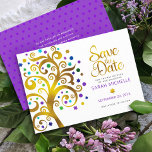 Bat Mitzvah Purple with Gold Script Tree of Life Save The Date<br><div class="desc">Make sure all your friends and relatives will be able to celebrate your daughter’s milestone Bat Mitzvah! Send out this stunning, graphic faux gold foil tree with sparkly turquoise, teal, purple and blue Star of David and dot “leaves” on a white background, personalized “Save the Date” announcement card. Your custom...</div>