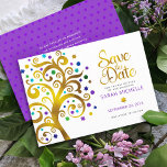 Bat Mitzvah Purple with Gold Script Tree of Life Save The Date<br><div class="desc">Make sure all your friends and relatives will be able to celebrate your daughter’s milestone Bat Mitzvah! Send out this stunning, graphic faux gold foil tree with sparkly turquoise, teal, purple and blue Star of David and dot “leaves” on a white background, personalized “Save the Date” announcement card. Your custom...</div>